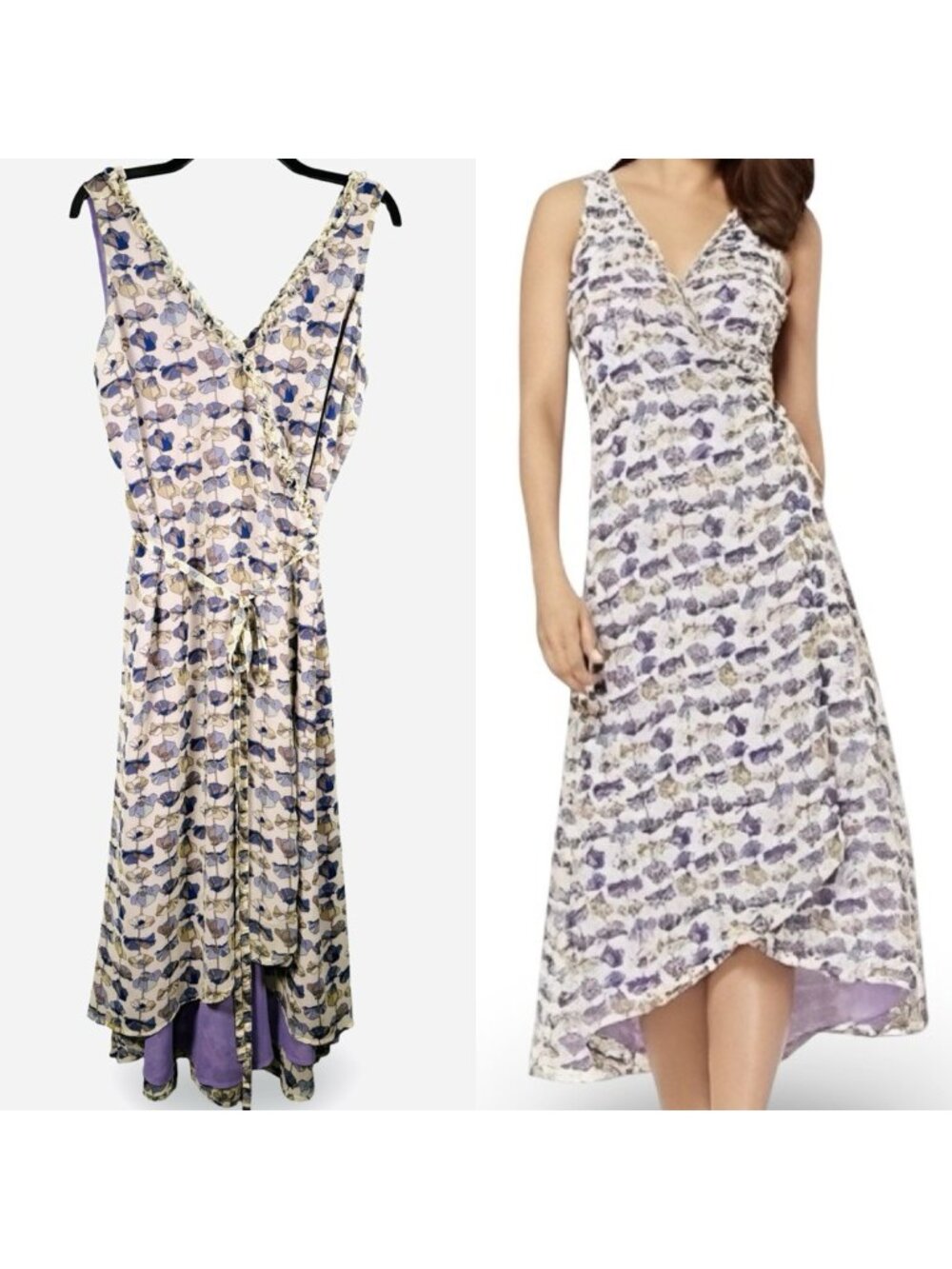 Eva Mendes New York & Co Floral Wrap Dress Women M Lavender Hi-Low V-Neck Ruffle